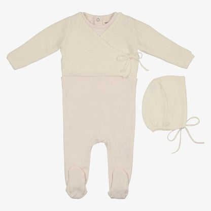 Embroidered Edge Knit Footie And Sweater And Bonnet - Ivory