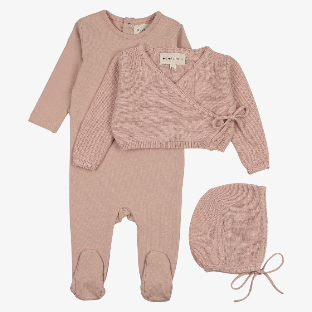 Embroidered Edge Knit Footie And Sweater And Bonnet - Soft Pink
