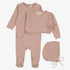 Embroidered Edge Knit Footie And Sweater And Bonnet - Soft Pink