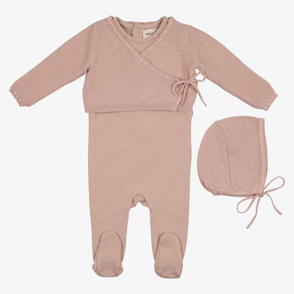 Embroidered Edge Knit Footie And Sweater And Bonnet - Soft Pink