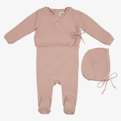 Embroidered Edge Knit Footie And Sweater And Bonnet - Soft Pink