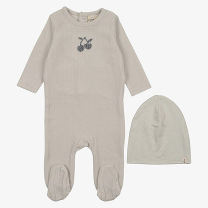 Embroidered Cherry Footie And Beanie - Blue