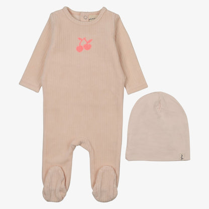 Embroidered Cherry Footie And Beanie - Pink