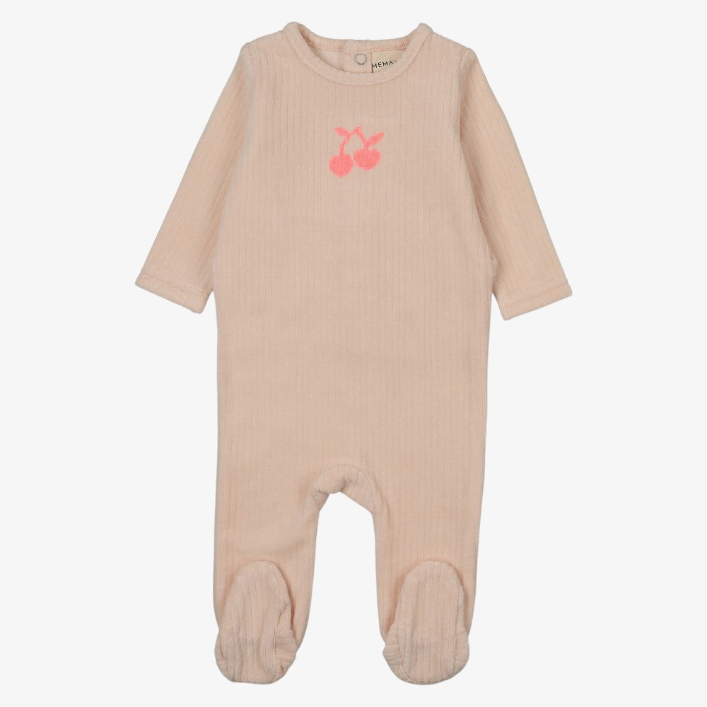 Embroidered Cherry Footie And Beanie - Pink