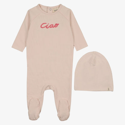 French Terry Embroidered Footie And Hat (9M) - Pink