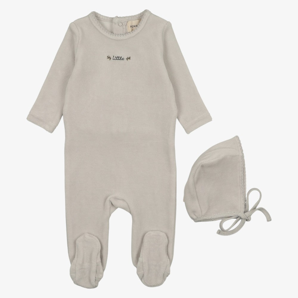 Velour Embroidered Footie And Bonnet - Ice Blue