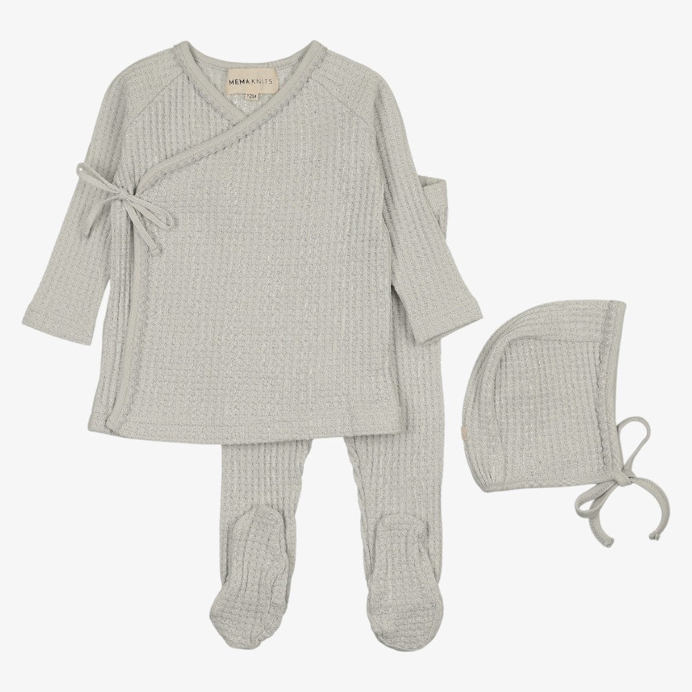 Waffle Ruffle Trim Top And Pants With Bonnet - Grey Dawn