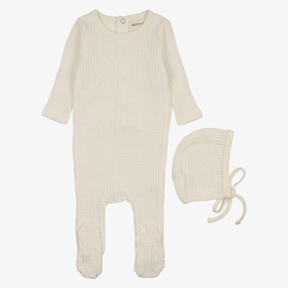Honeycomb Footie And Hat (9M) - Ivory &amp; Picot