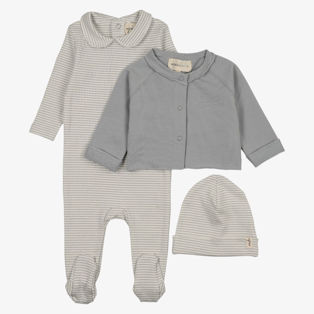 Stripe Footie With Cardigan And Hat - Dove Blue