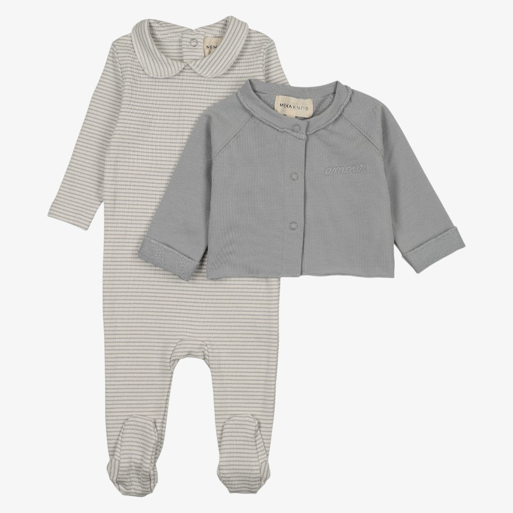 Stripe Footie With Cardigan And Hat - Dove Blue