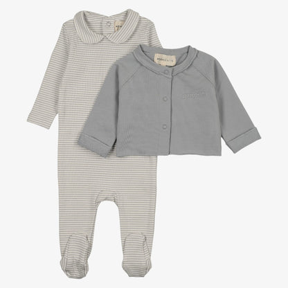 Stripe Footie With Cardigan And Hat - Dove Blue