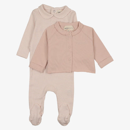 Stripe Footie With Cardigan And Hat - Rose