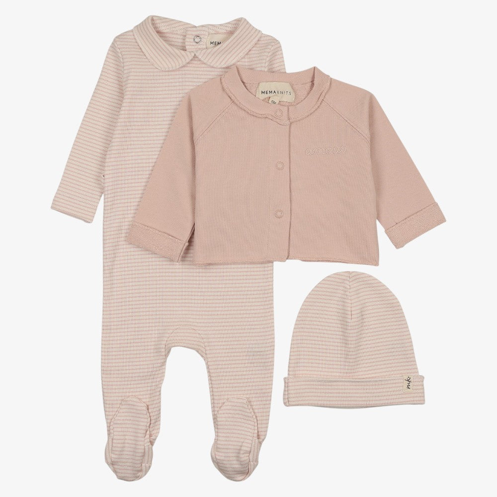 Stripe Footie With Cardigan And Hat - Rose