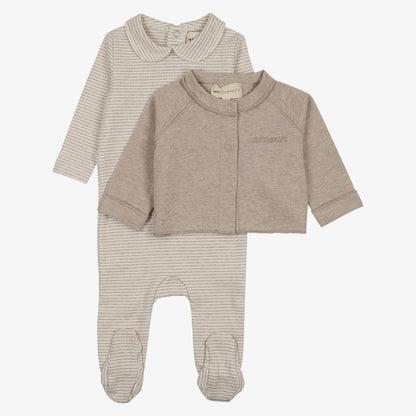 Stripe Footie With Cardigan And Hat - Beige Melange