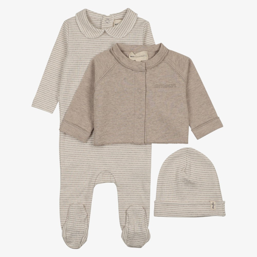 Stripe Footie With Cardigan And Hat - Beige Melange