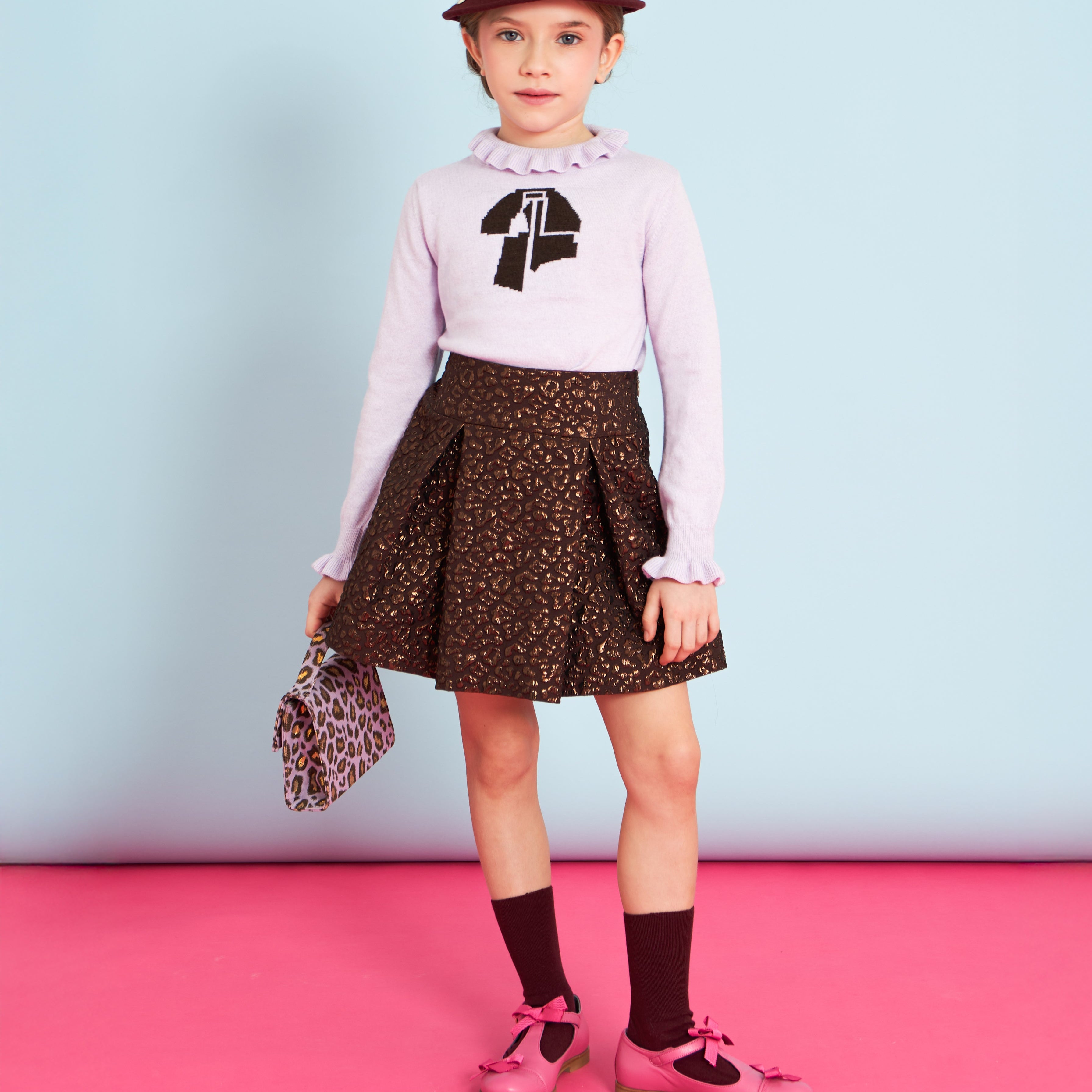 Jacquard Pleated Skirt - Brown