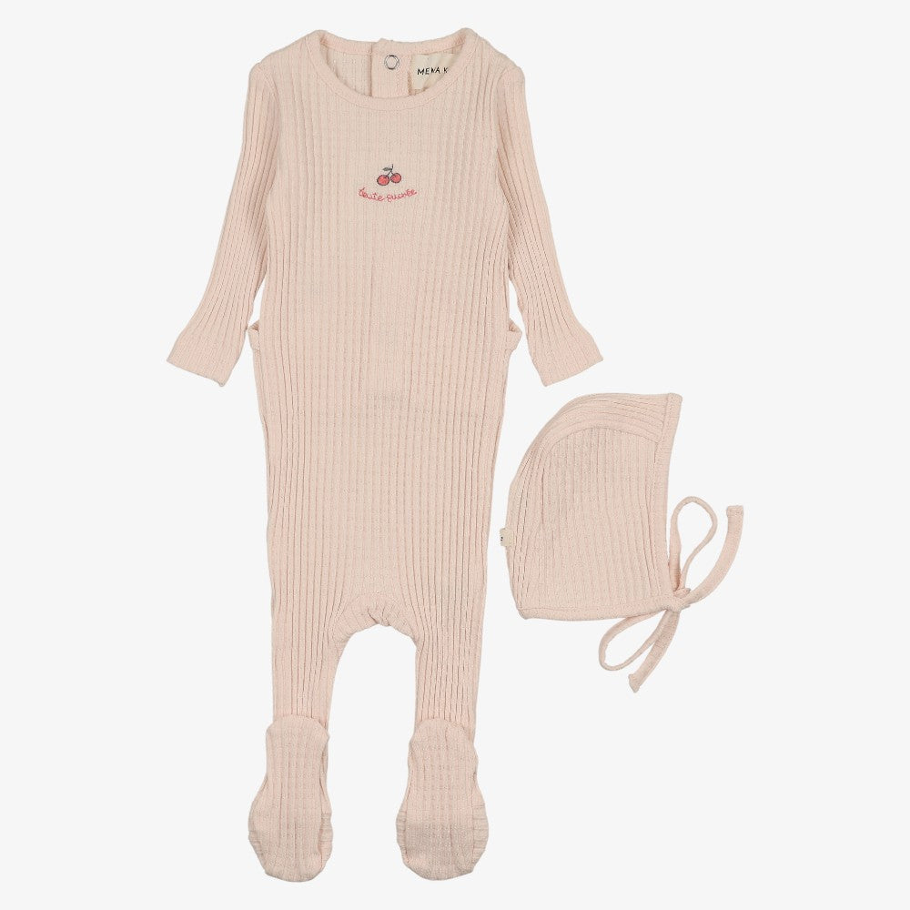 Embroidered Textured Footie And Bonnet - Pale Pink