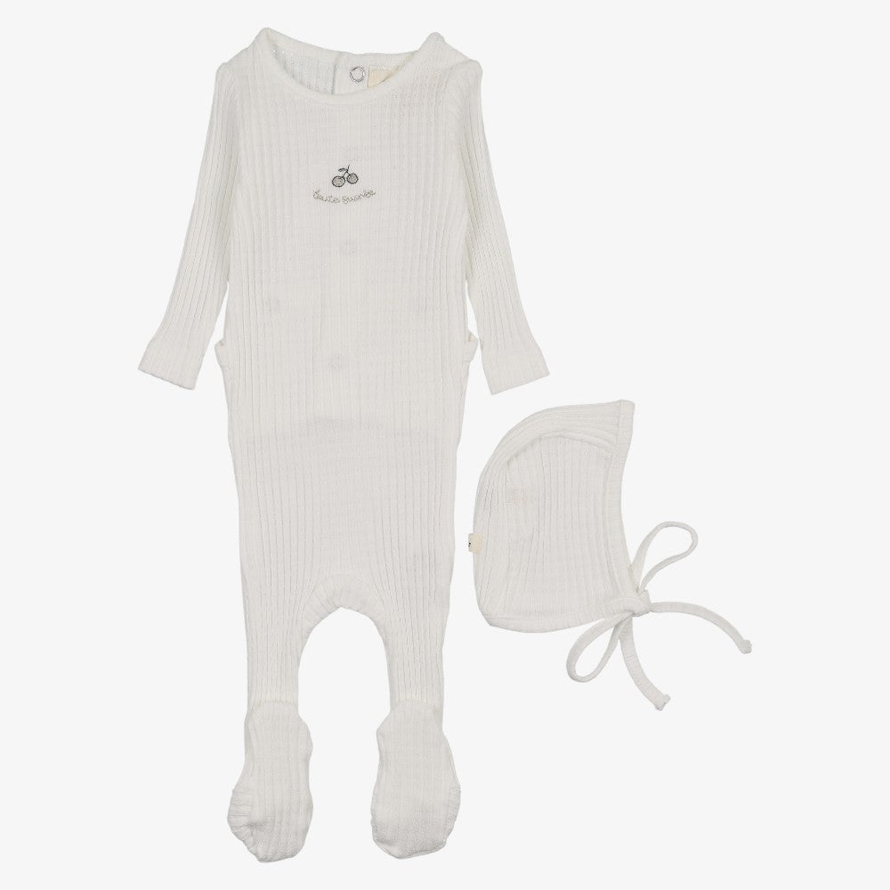 Embroidered Textured Footie And Bonnet - Winter White &amp; Mink