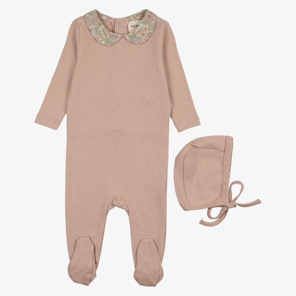 Print Collar Footie And Bonnet - Pale Pink