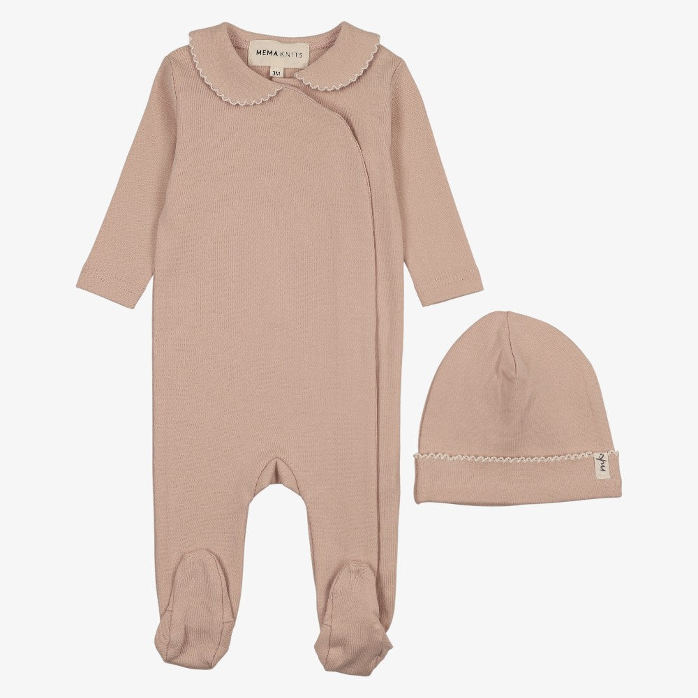 Trim Colalr Footie And Beanie - Pink