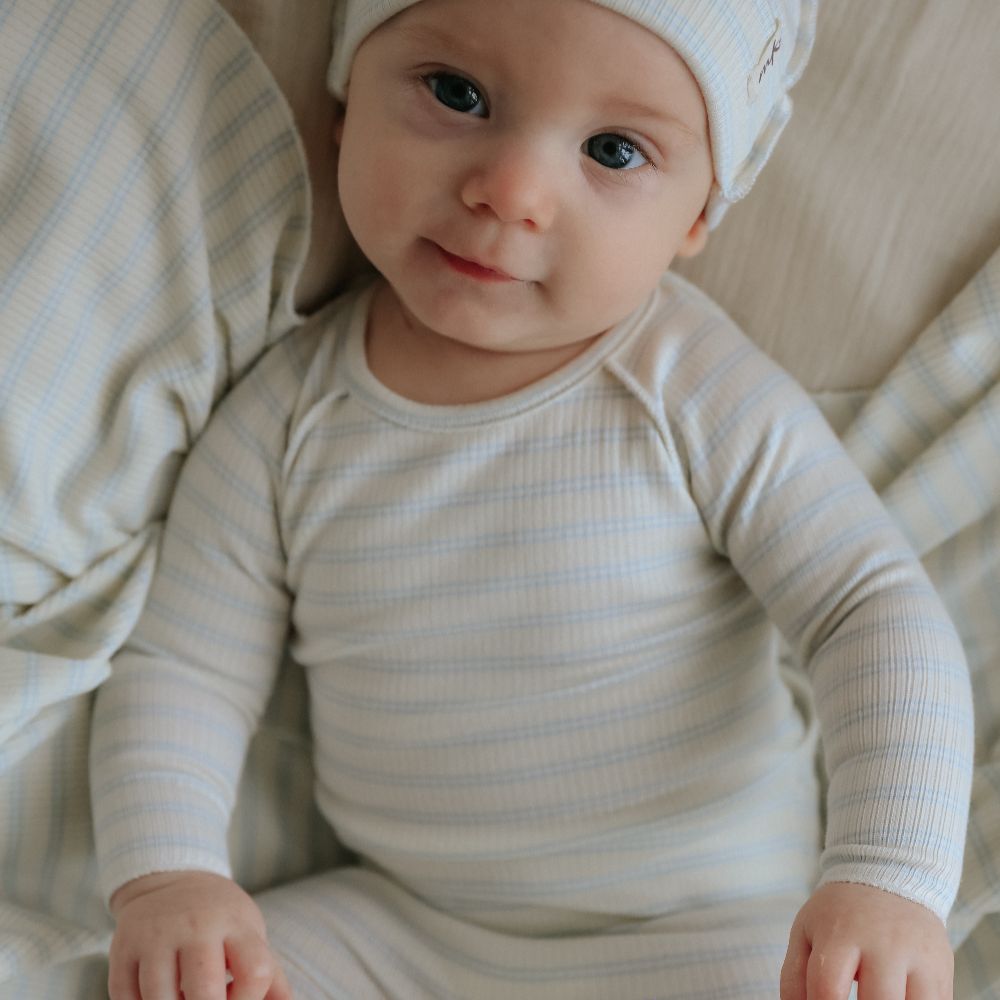 Rib Stripe Footie And Beanie - Light Blue