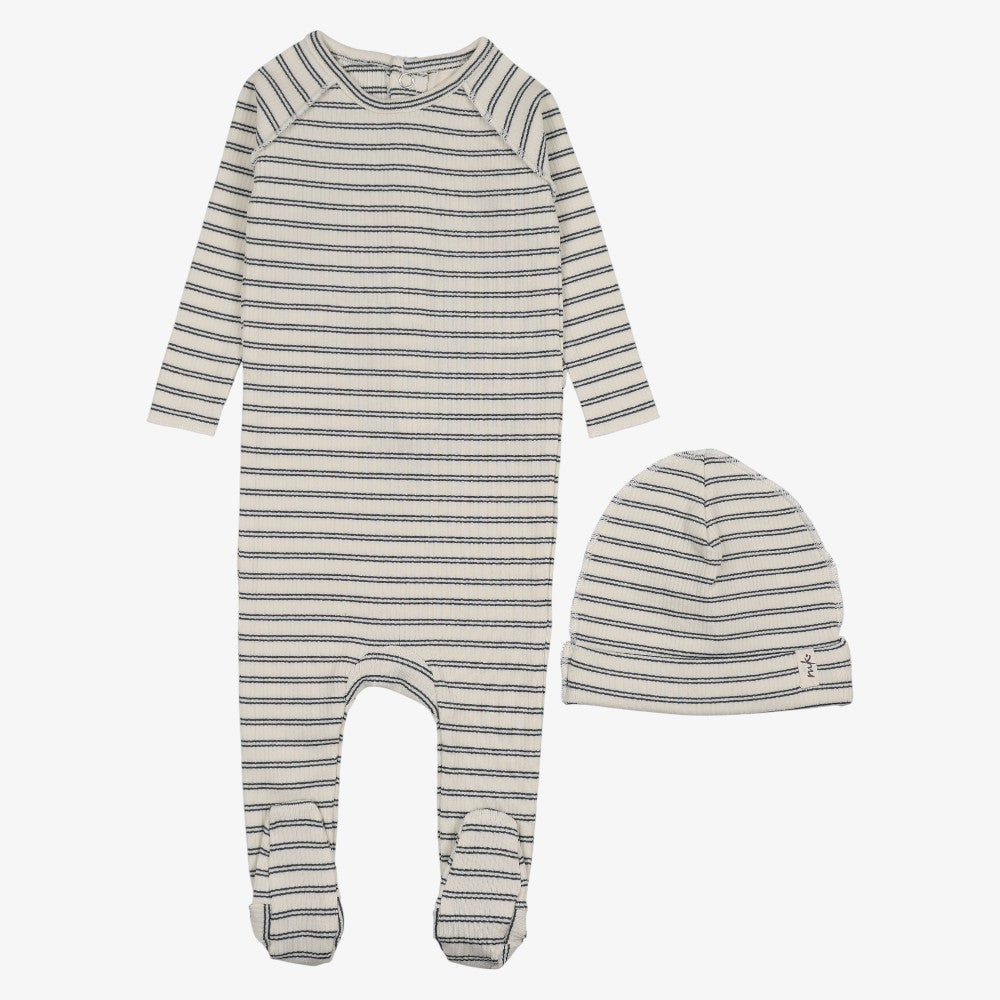 Rib Stripe Footie And Beanie - Navy Blue