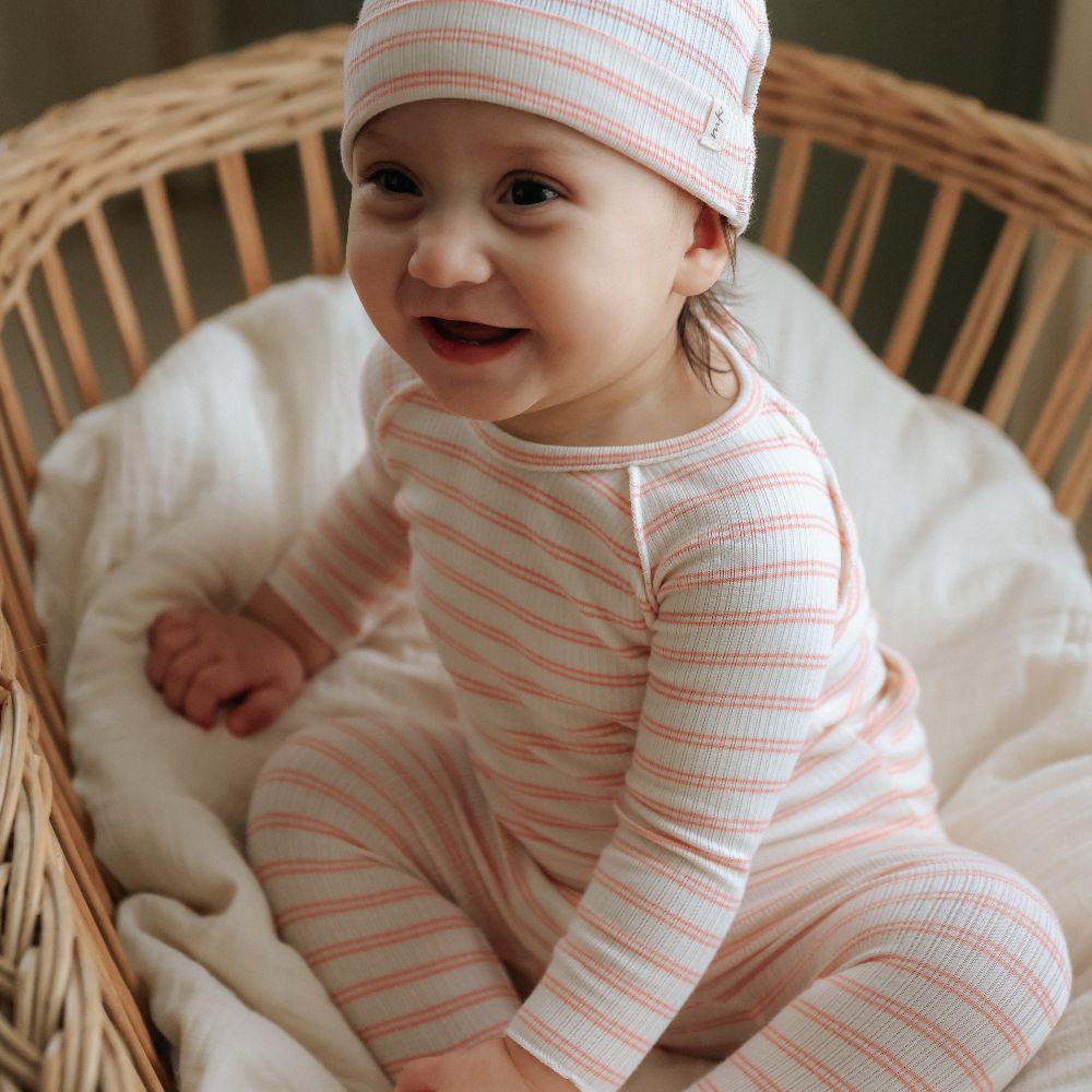 Rib Stripe Footie And Beanie - Pale Pink