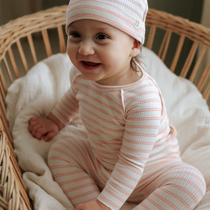 Rib Stripe Footie And Beanie - Pale Pink