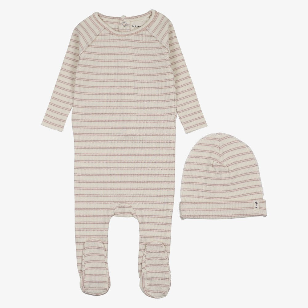 Rib Stripe Footie And Beanie - Rose Pink
