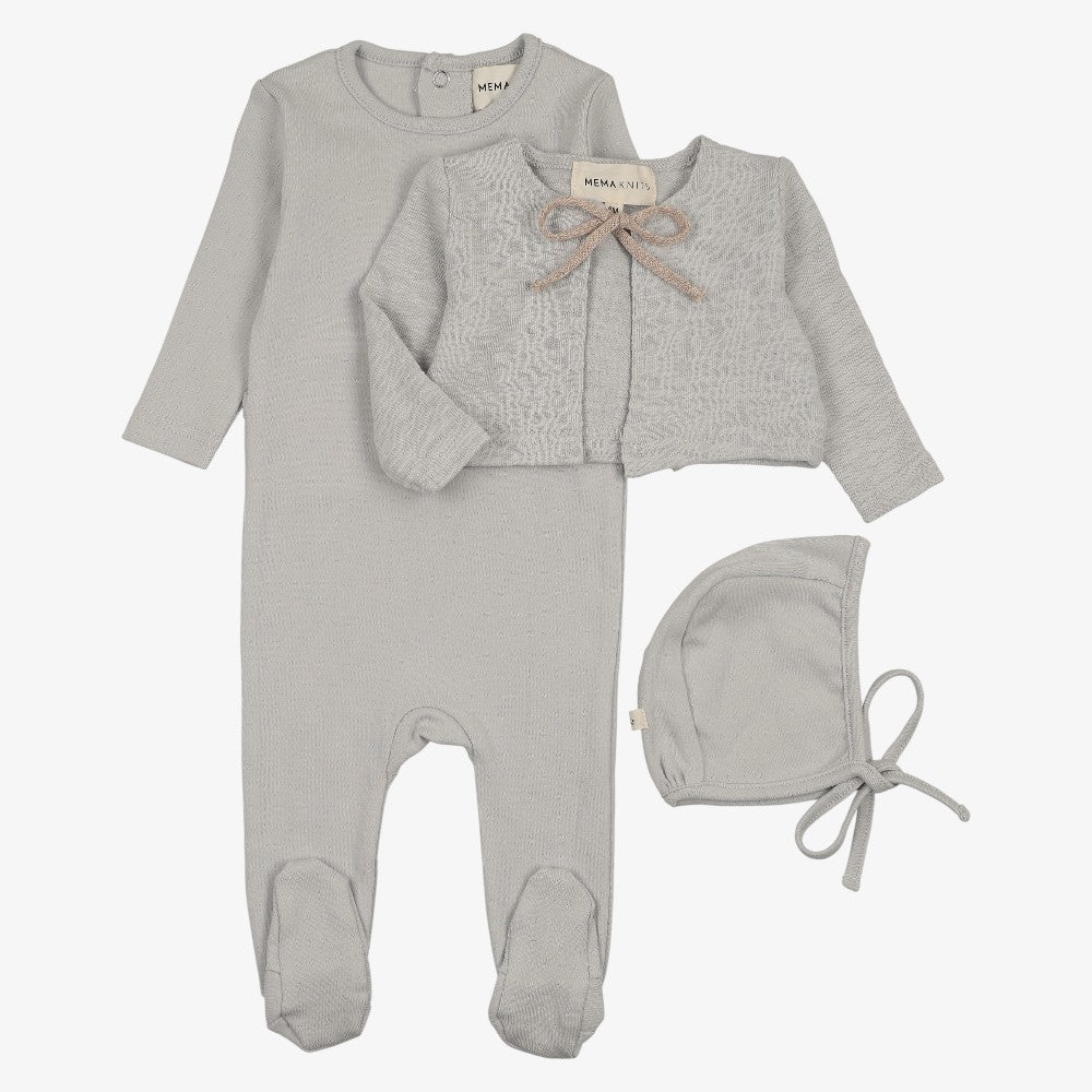 Pointelle Footie And Cardigan And Bonnet - Dove Blue