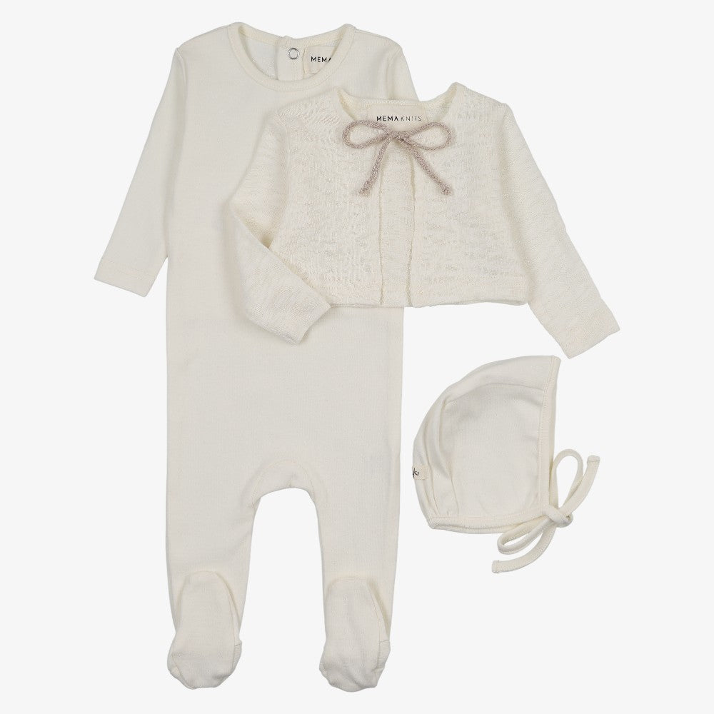 Pointelle Footie And Cardigan And Bonnet - Ivory