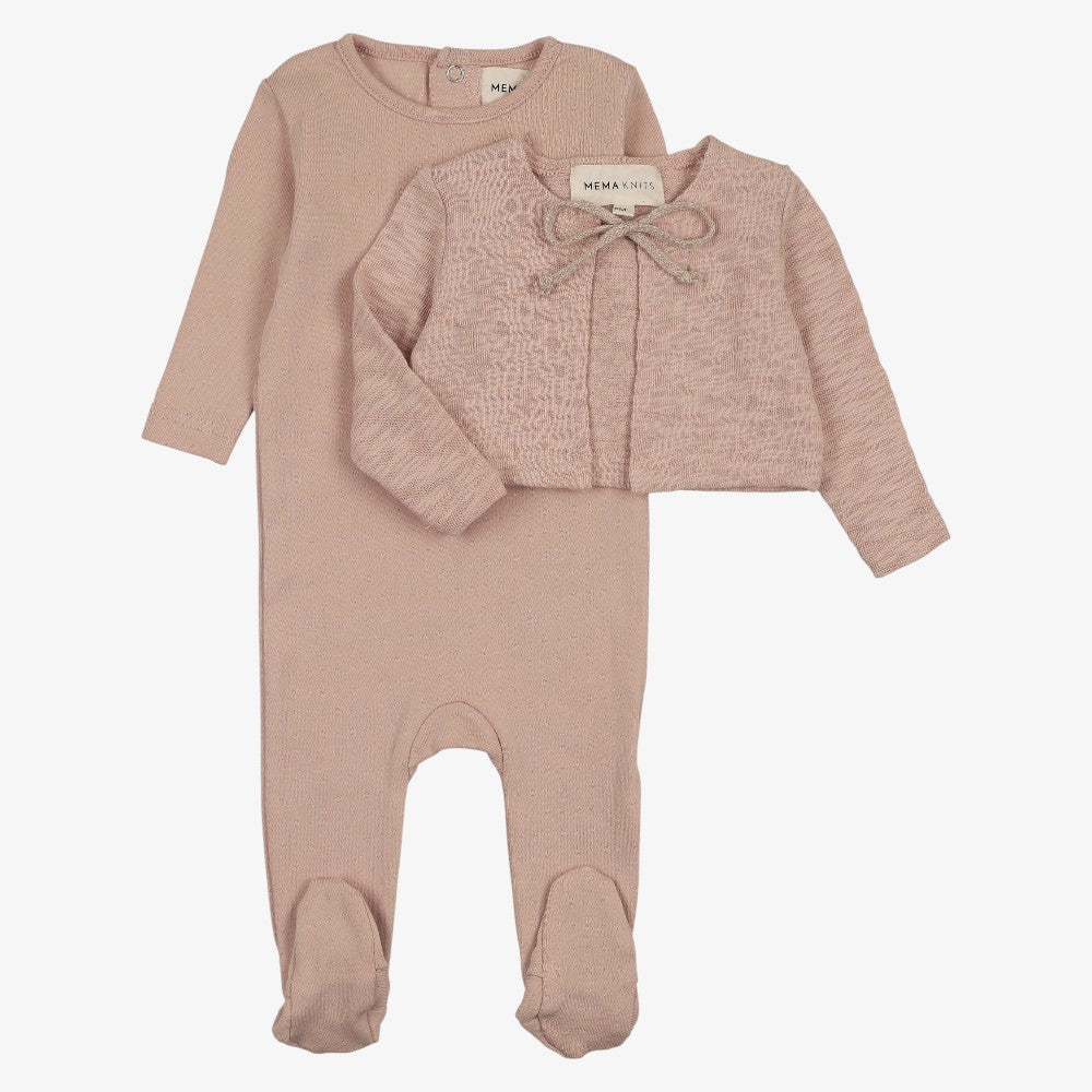 Pointelle Footie And Cardigan And Bonnet - Rose Pink