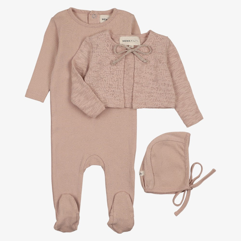 Pointelle Footie And Cardigan And Bonnet - Rose Pink