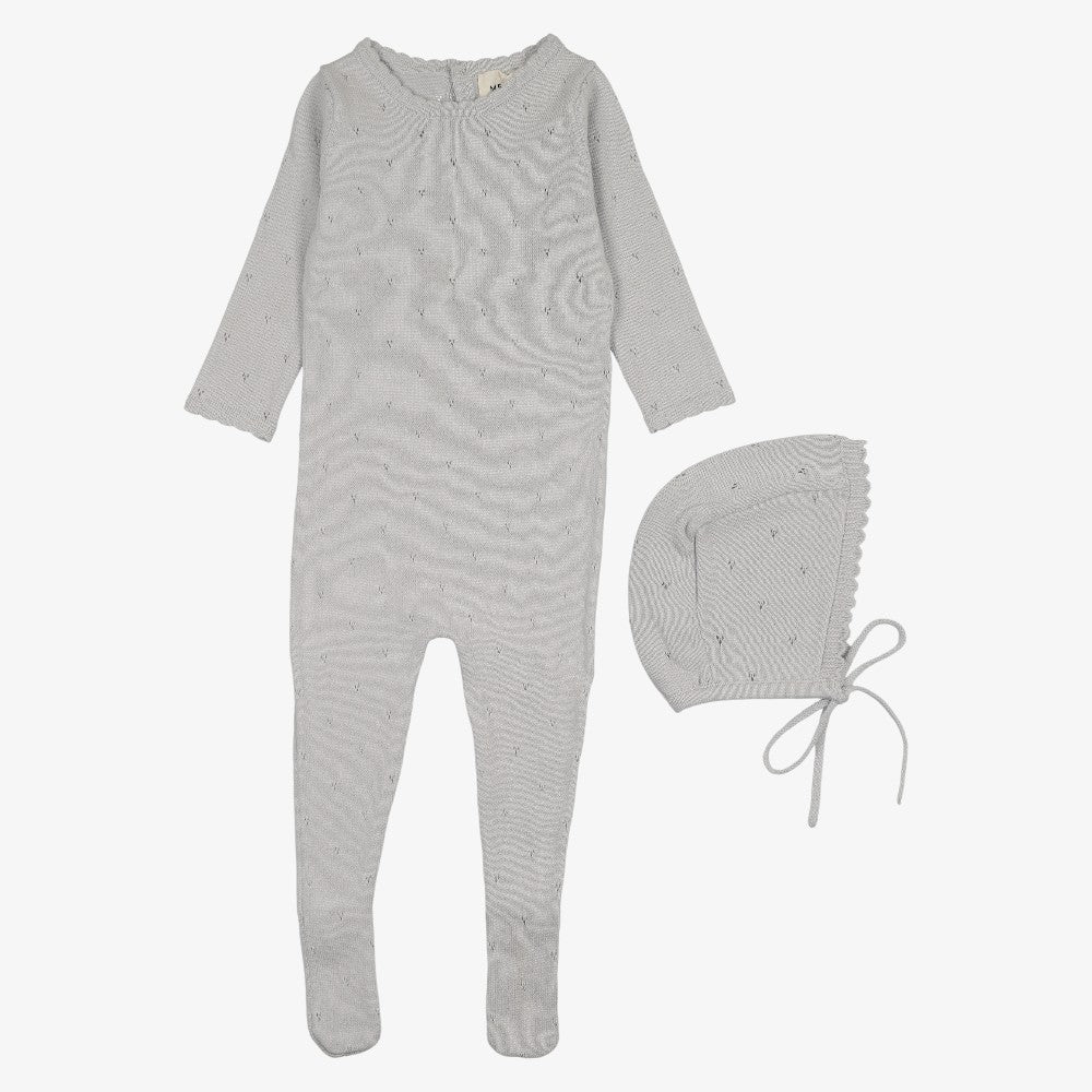 Pointelle Knit Footie And Bonnet - Gray Dawn