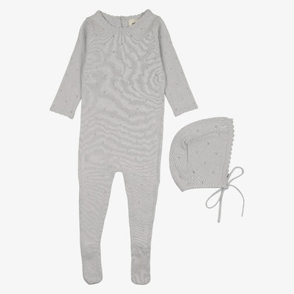 Pointelle Knit Footie And Bonnet - Gray Dawn
