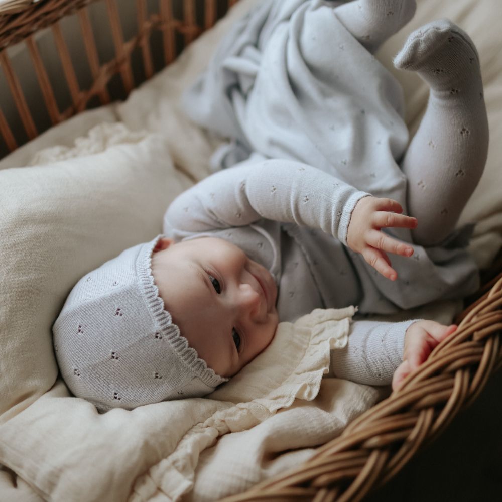 Pointelle Knit Footie And Bonnet - Gray Dawn