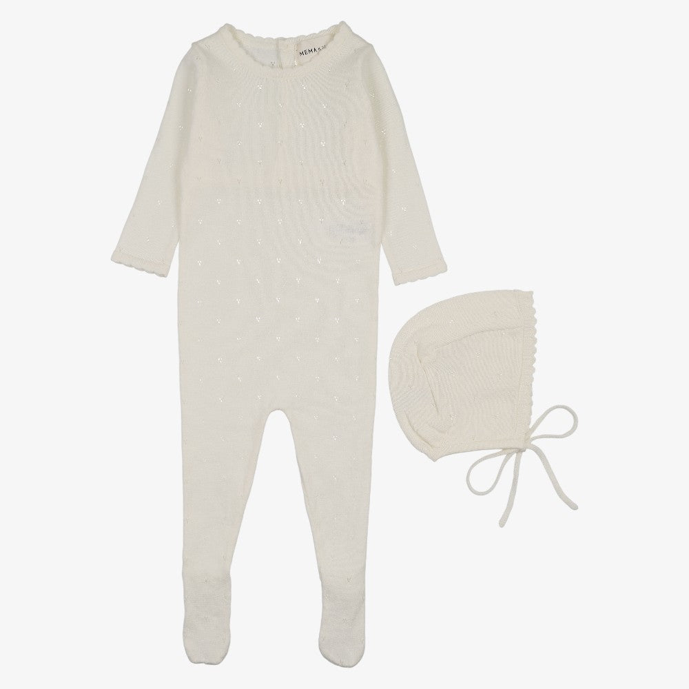 Pointelle Knit Footie And Bonnet - Ivory