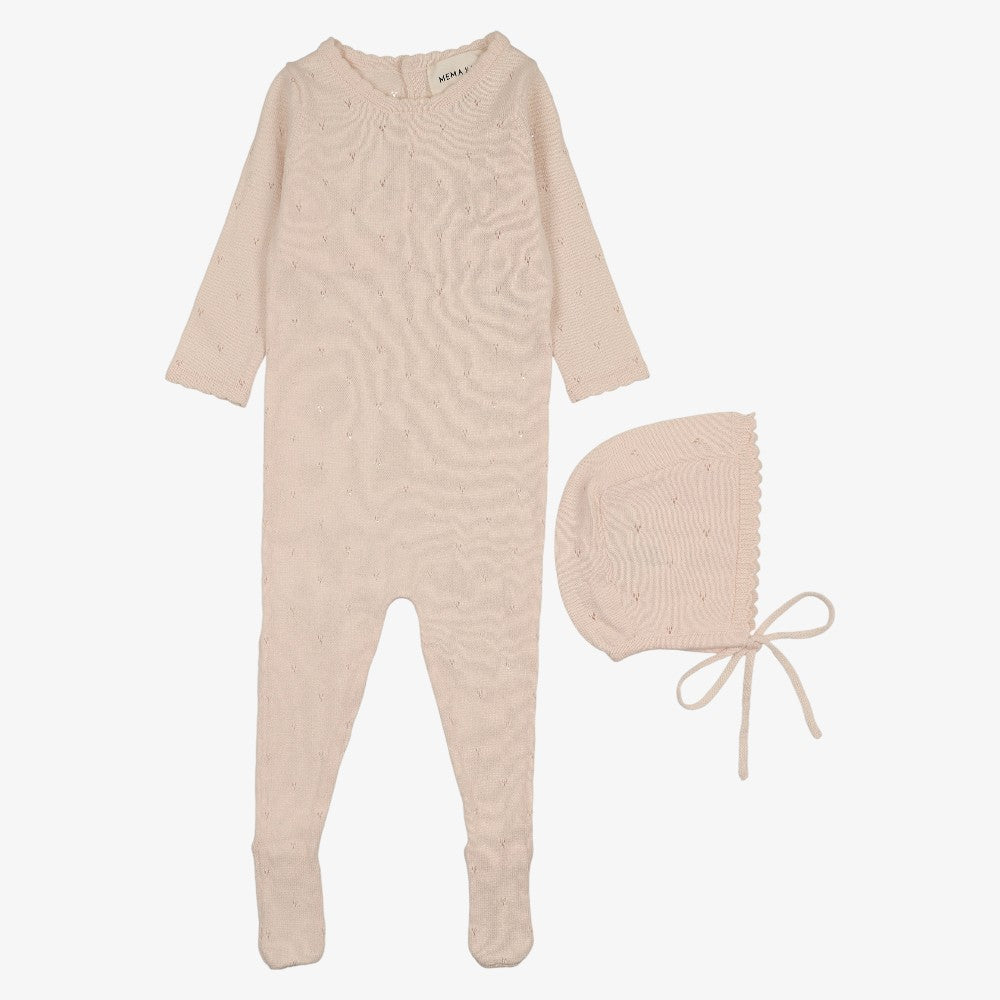 Pointelle Knit Footie And Bonnet - Light Pink