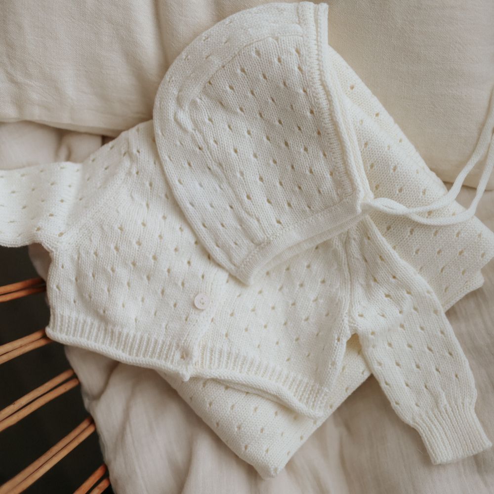 Pointelle Cardigan And Bonnet - Ivory