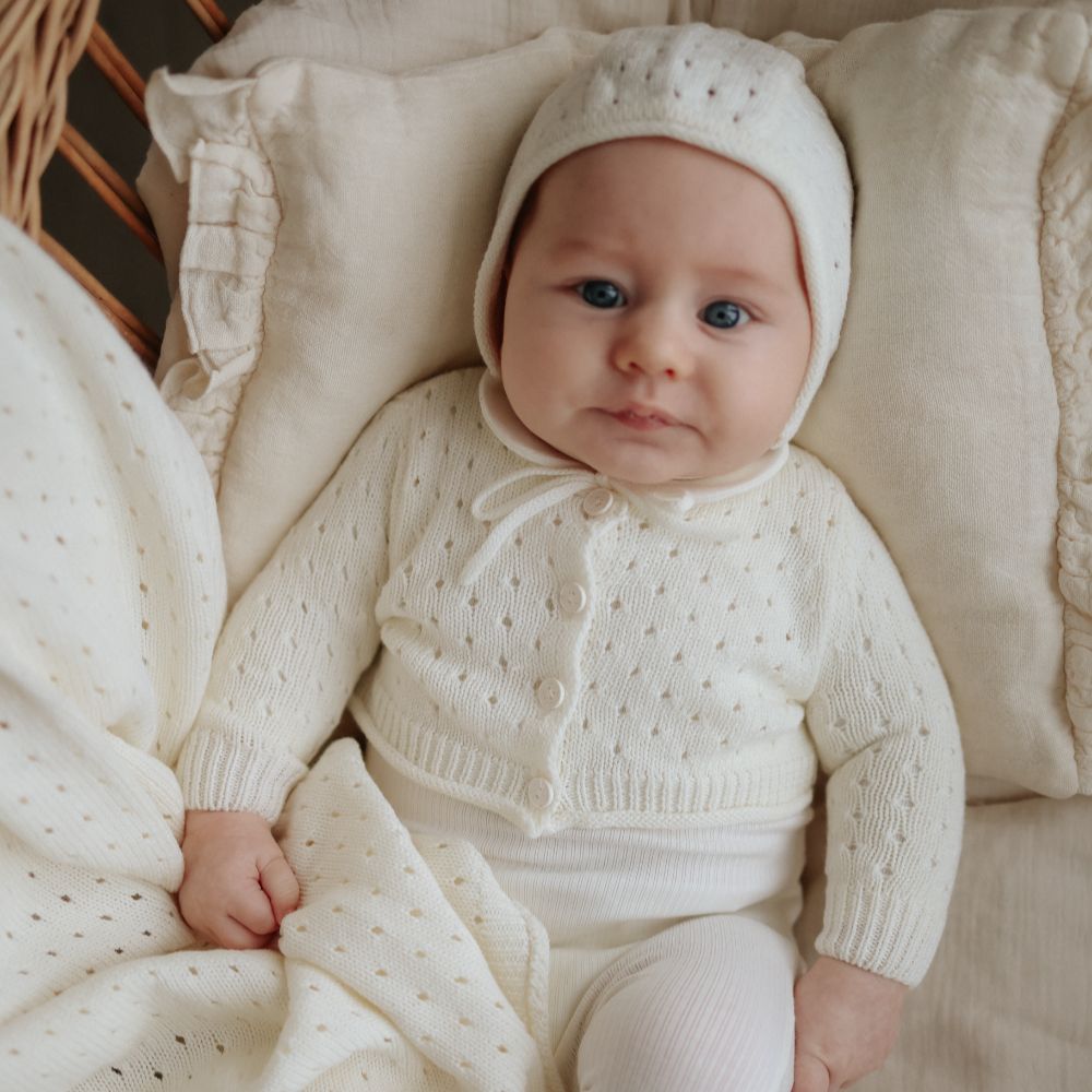 Pointelle Cardigan And Bonnet - Ivory