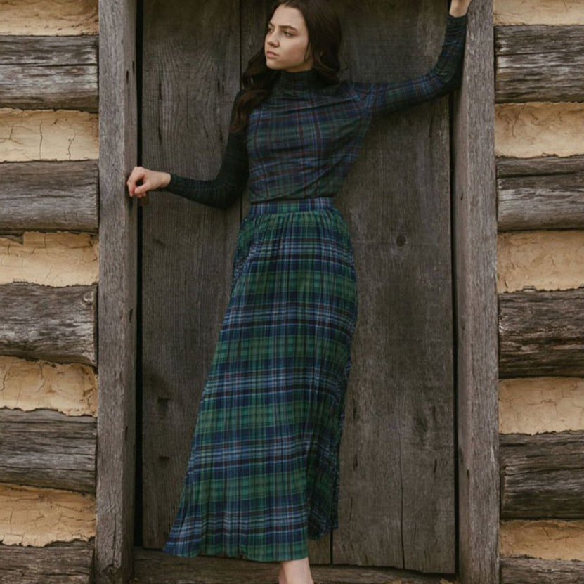 Plaid Pleated SKirt - Navy
