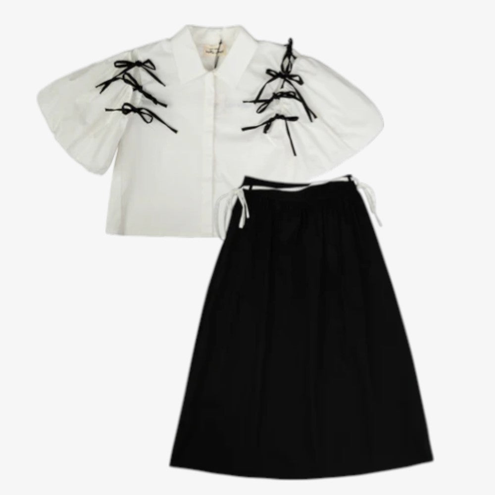 Contrast Bow Shirt And Skirt - White &amp; Black