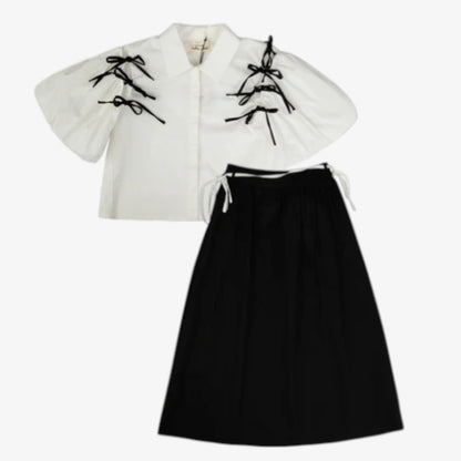 Contrast Bow Shirt And Skirt - White &amp; Black
