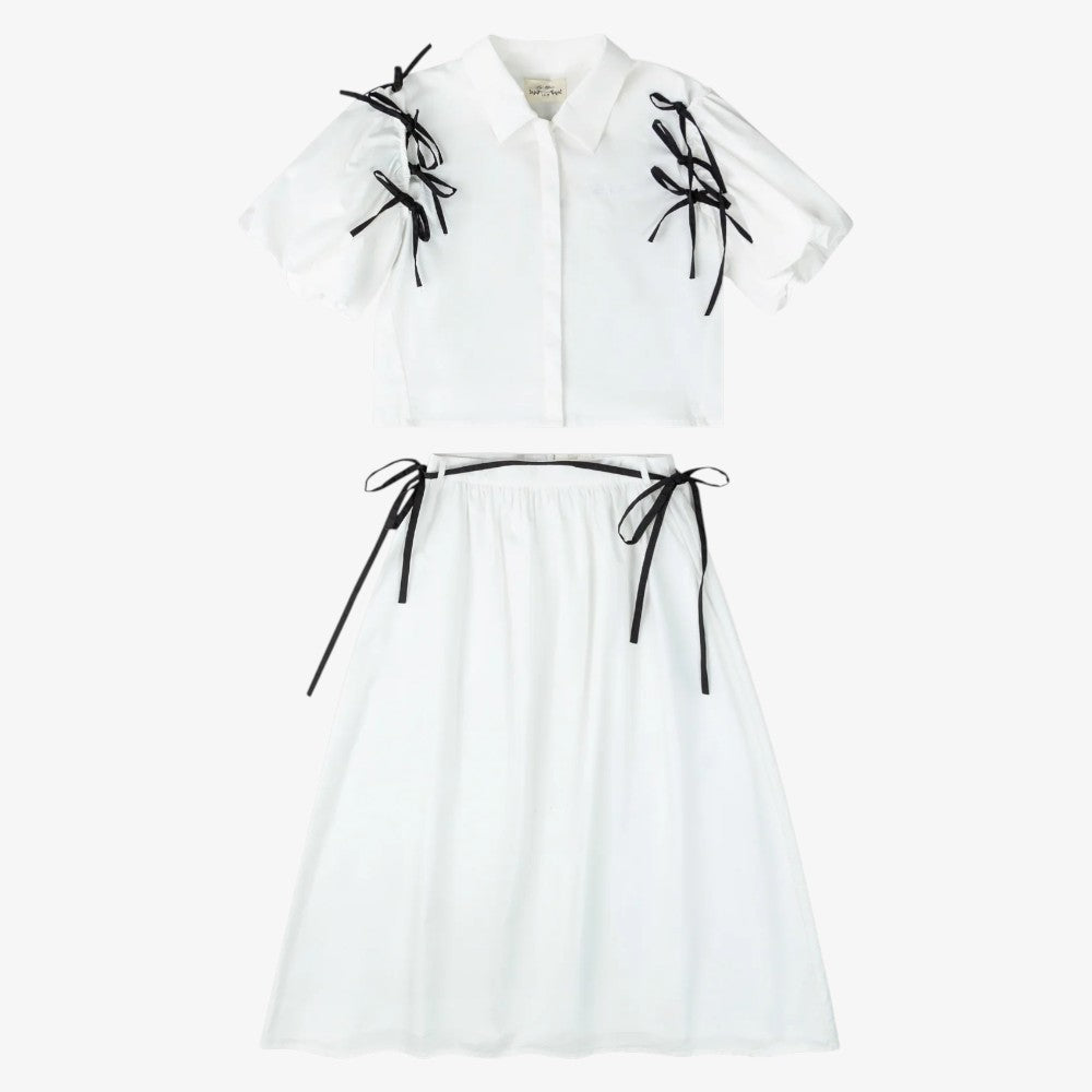 Contrast Bow Shirt And Skirt - White