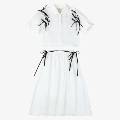 Contrast Bow Shirt And Skirt - White