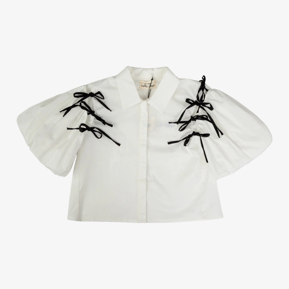 Contrast Bow Shirt And Skirt - White