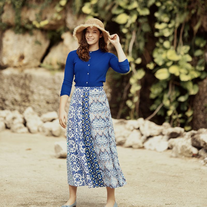 Pleated Print Skirt - Royal Blue