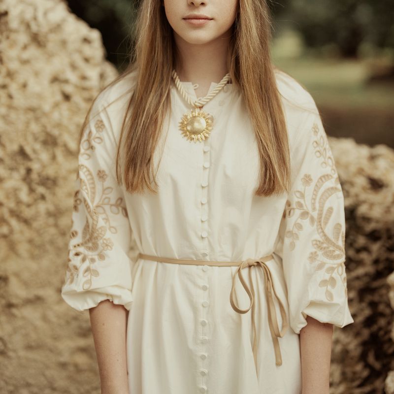 Eyelet Detail Button Down Dress - Cream