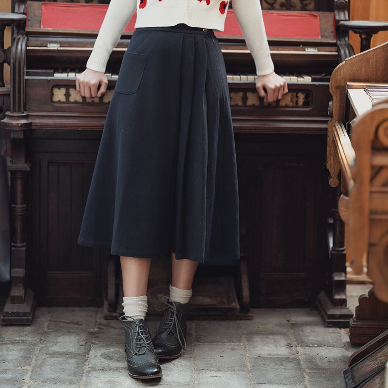 Flannel Pleated Midi Skirt - Navy