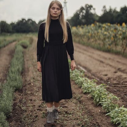 Pleated Bottom Knit Top Dress - Black